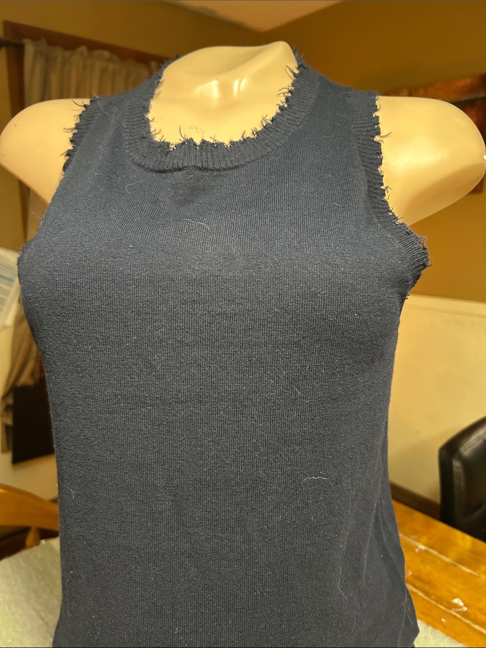 MINNIEROSE Frayed-Trim Navy Blue Ribbed Tank Top- Med- cotton/cashmere